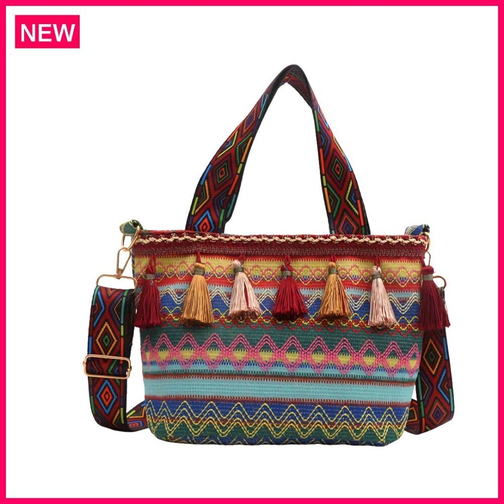 Canvas Crossbody Bag with Tassels, Adjustable Strap, Zip Closure